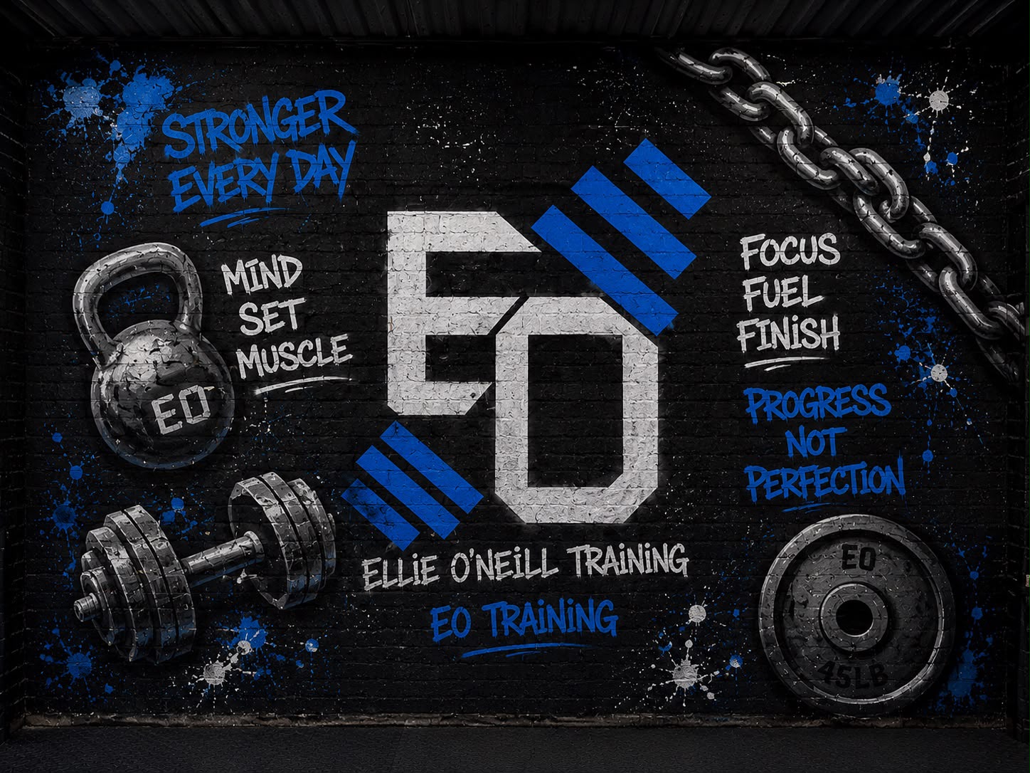 EO Training gym mural with motivational slogans